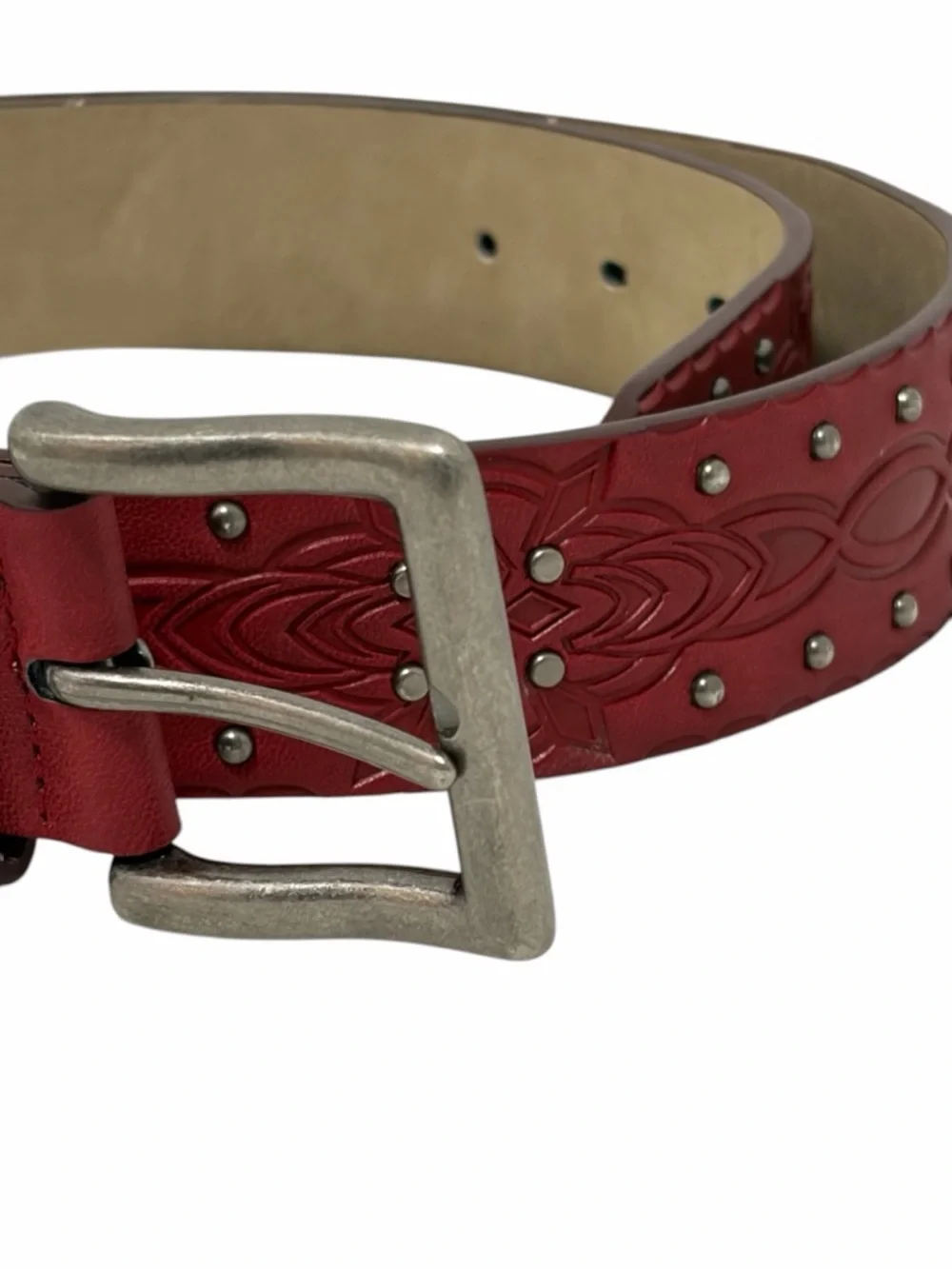 Red Faux Leather Studded & Stamped Western Belt - NWOT - 45”L